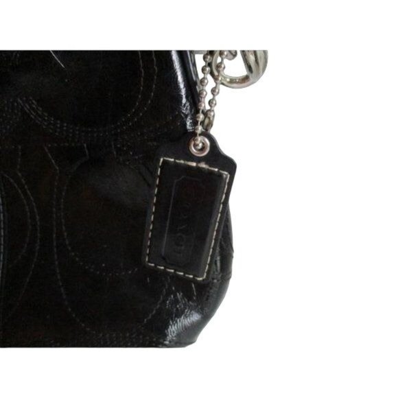 Coach Shiny Patent Stitched Logo Black Leather Baguette - Picture 6 of 9